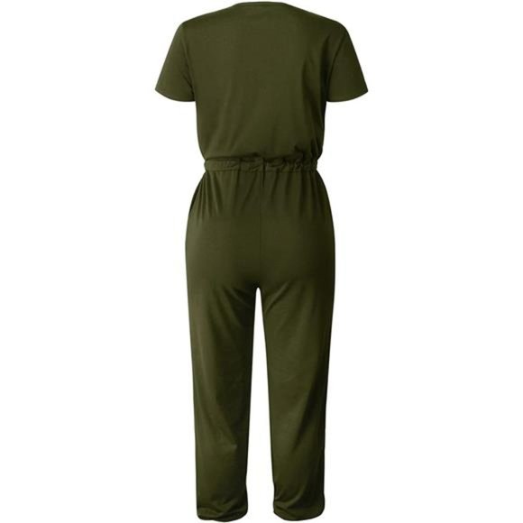 Women's Summer Casual Deep V Neck Wrap Waist Jumpsuit Romper Army Green - Picture 5 of 5